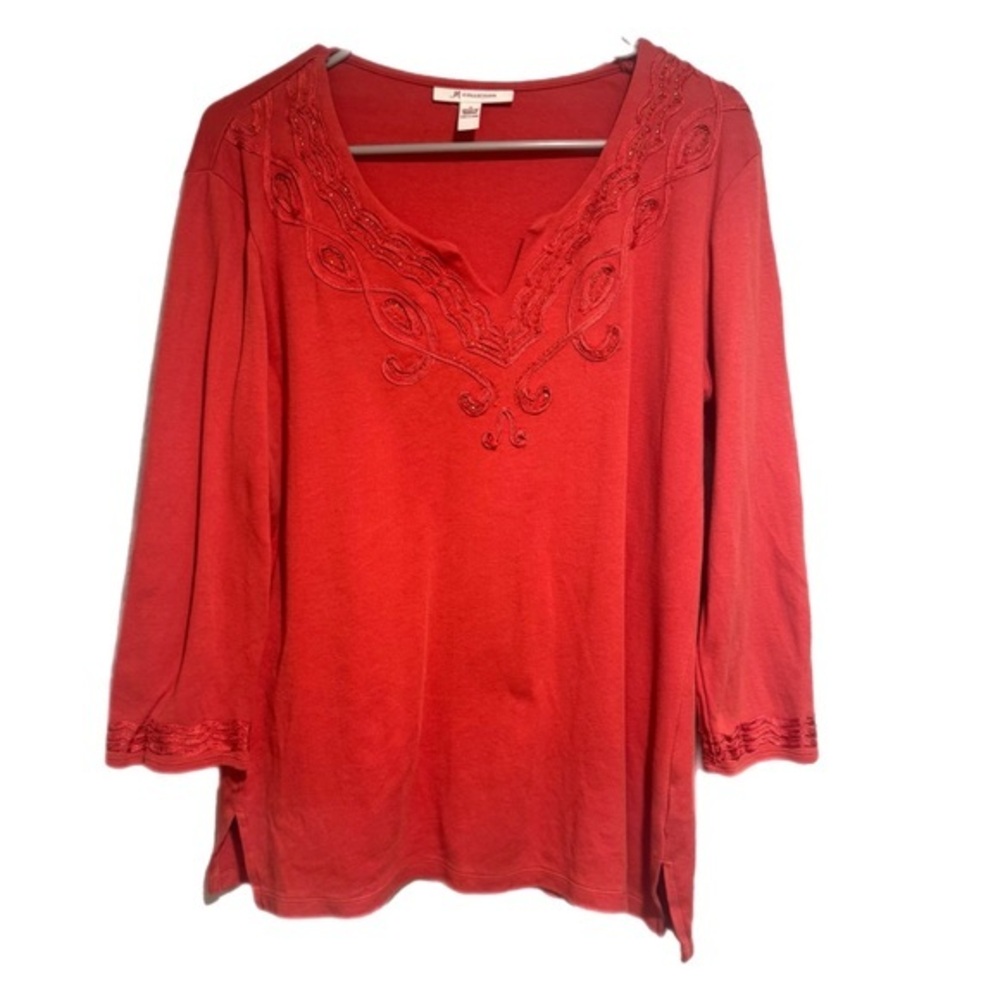 JM Collection Red V-Neck Tunic with Embroidery